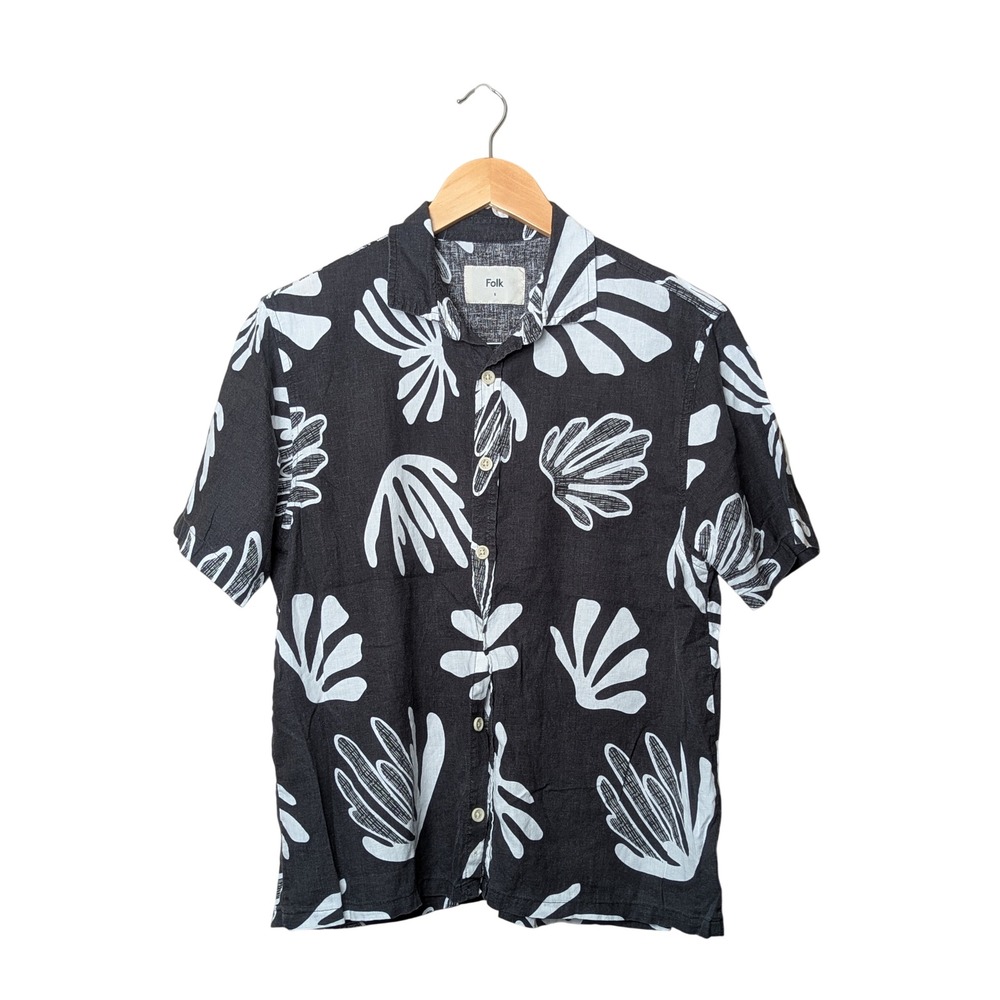 Folk Button Down Shirt Mens S Black White Abstract Shell Print Linen Blend‎ 2199